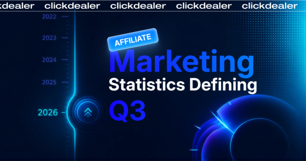 ClickDealer graphic with a timeline from 2022 to 2026 and bold text "Affiliate Marketing Statistics Defining Q3 2026" against a blue tech background